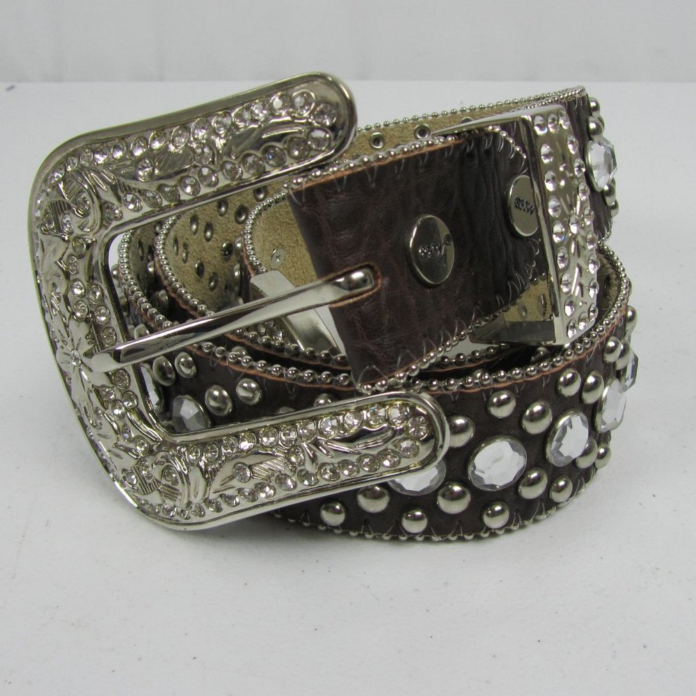 BHW Genuine Brown Leather Rhinestone Crystal Ladies Western Belt Size Large